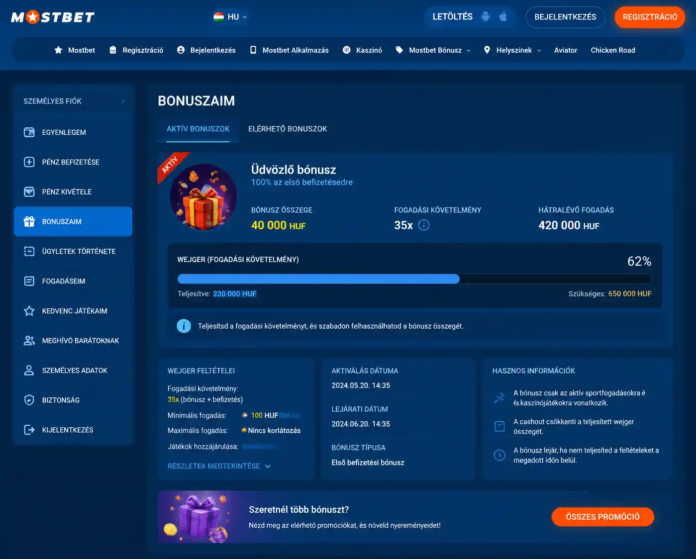 Mostbet wager és megforgatási feltételek a felhasználói fiókban