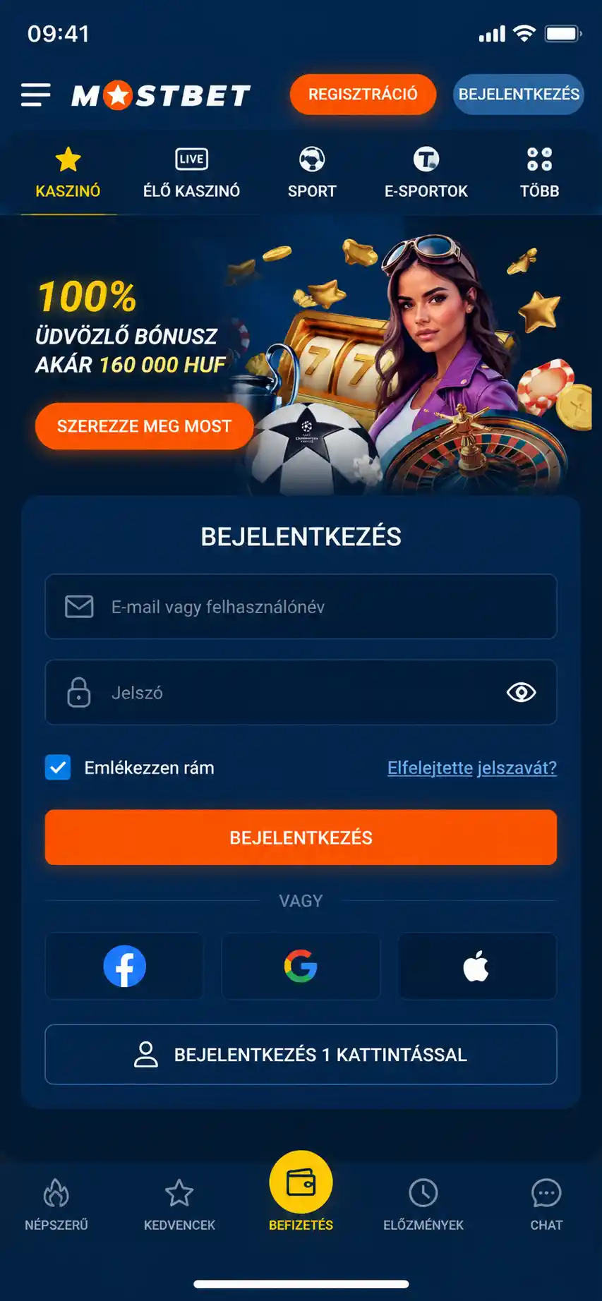Mostbet mobil kaszinó felülete bejelentkezési képernyővel