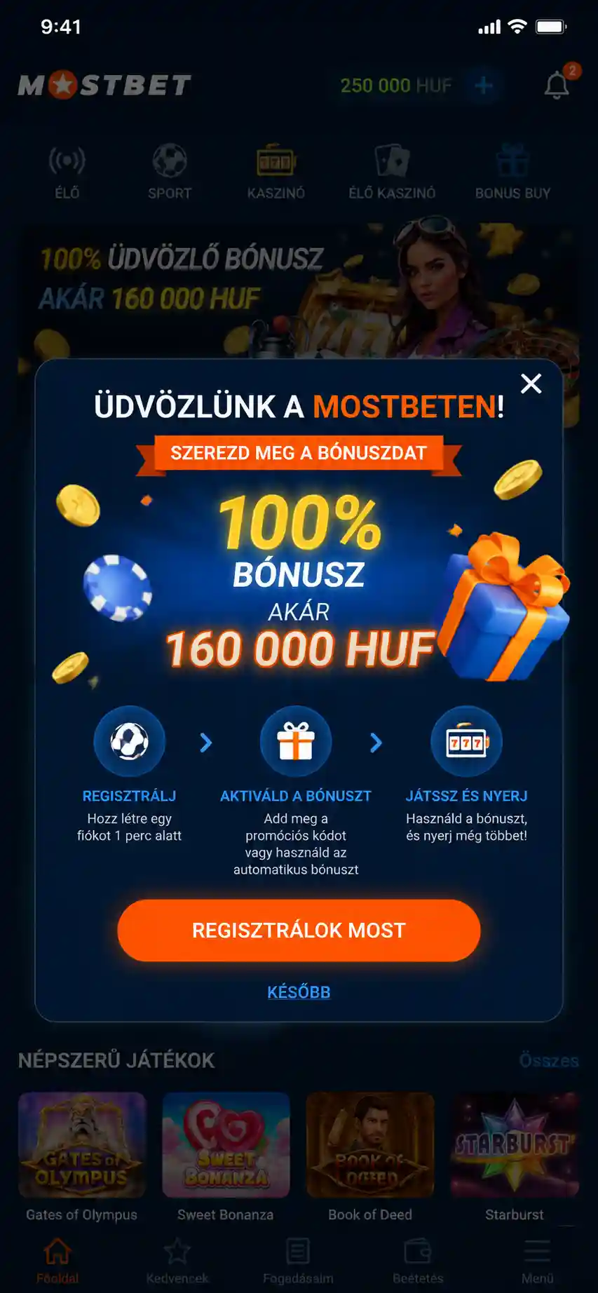 Üdvözlő bónusz ajánlat megjelenítése a Mostbet alkalmazásban